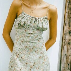 Sabo Skirt Floral Mini Dress in Green and Cream